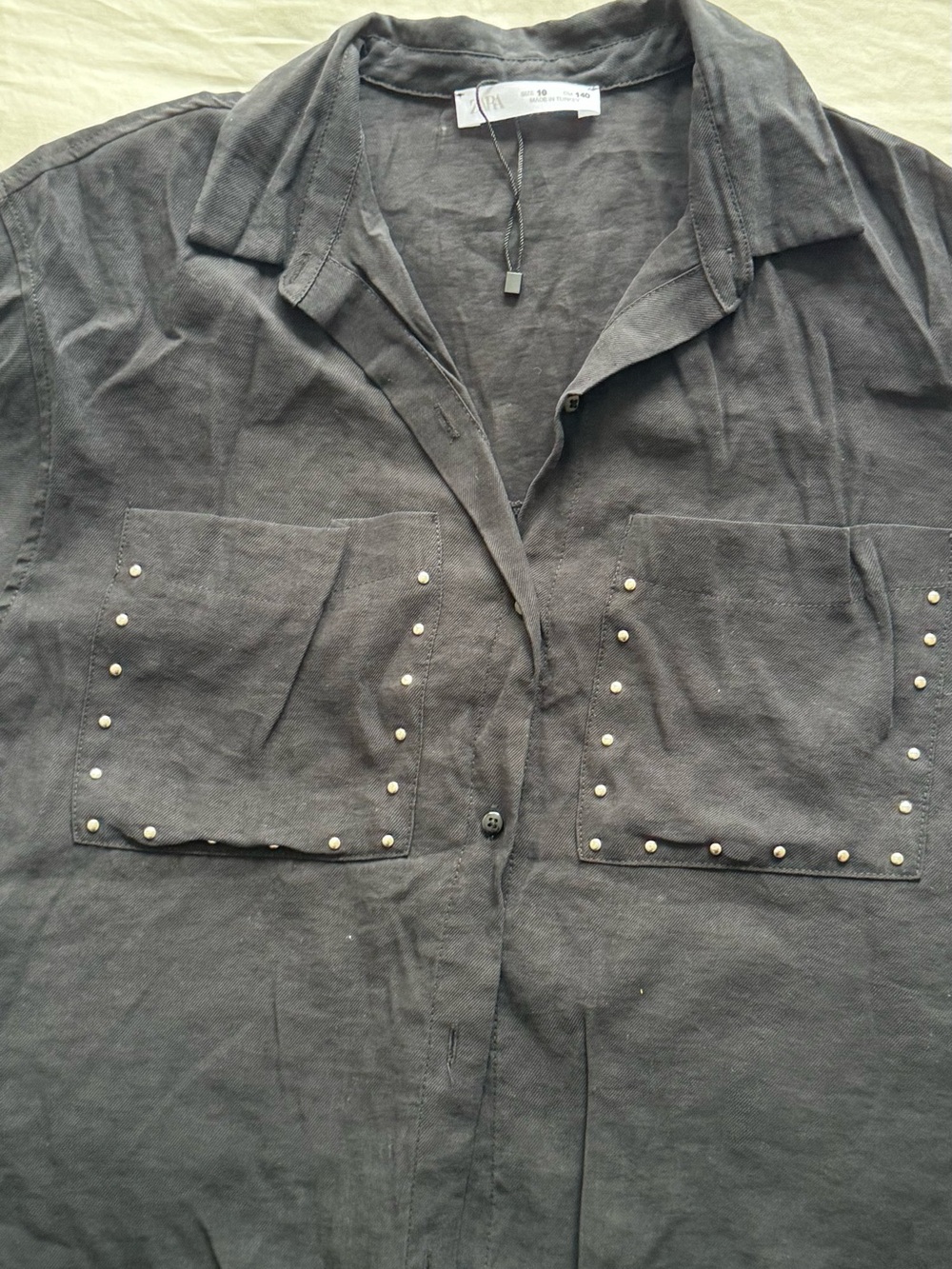 Zara Black Button-Front Shirt with Stud Pocket Detail